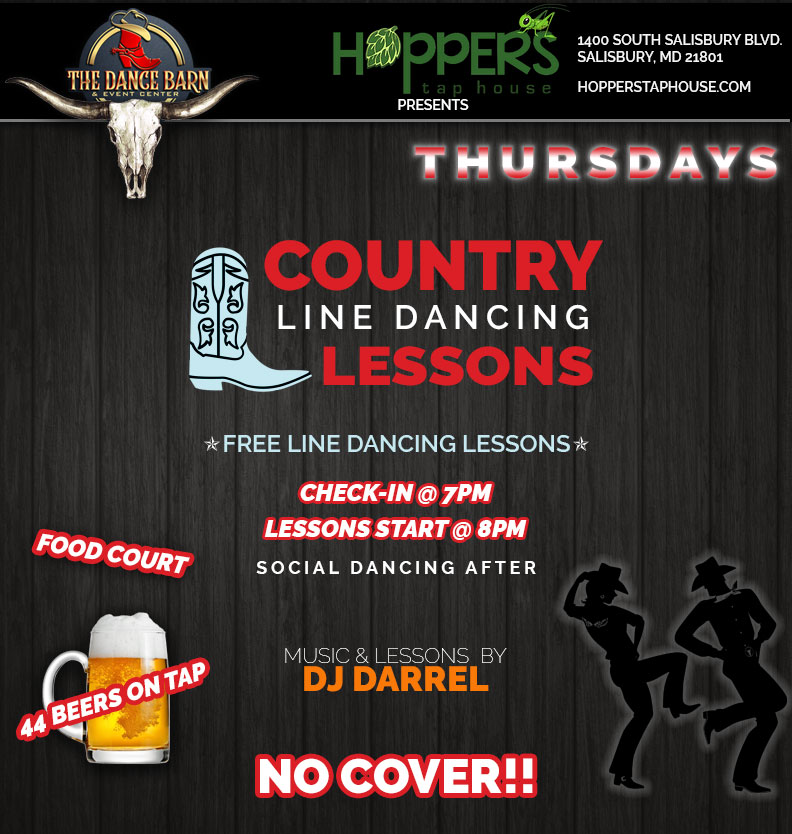 Hoppers Tap House presents The Dance Barn Lione Dance Lessons every Thursday night. 
                                   CVheck in at 7pm lessons start @8. Social dancing after.